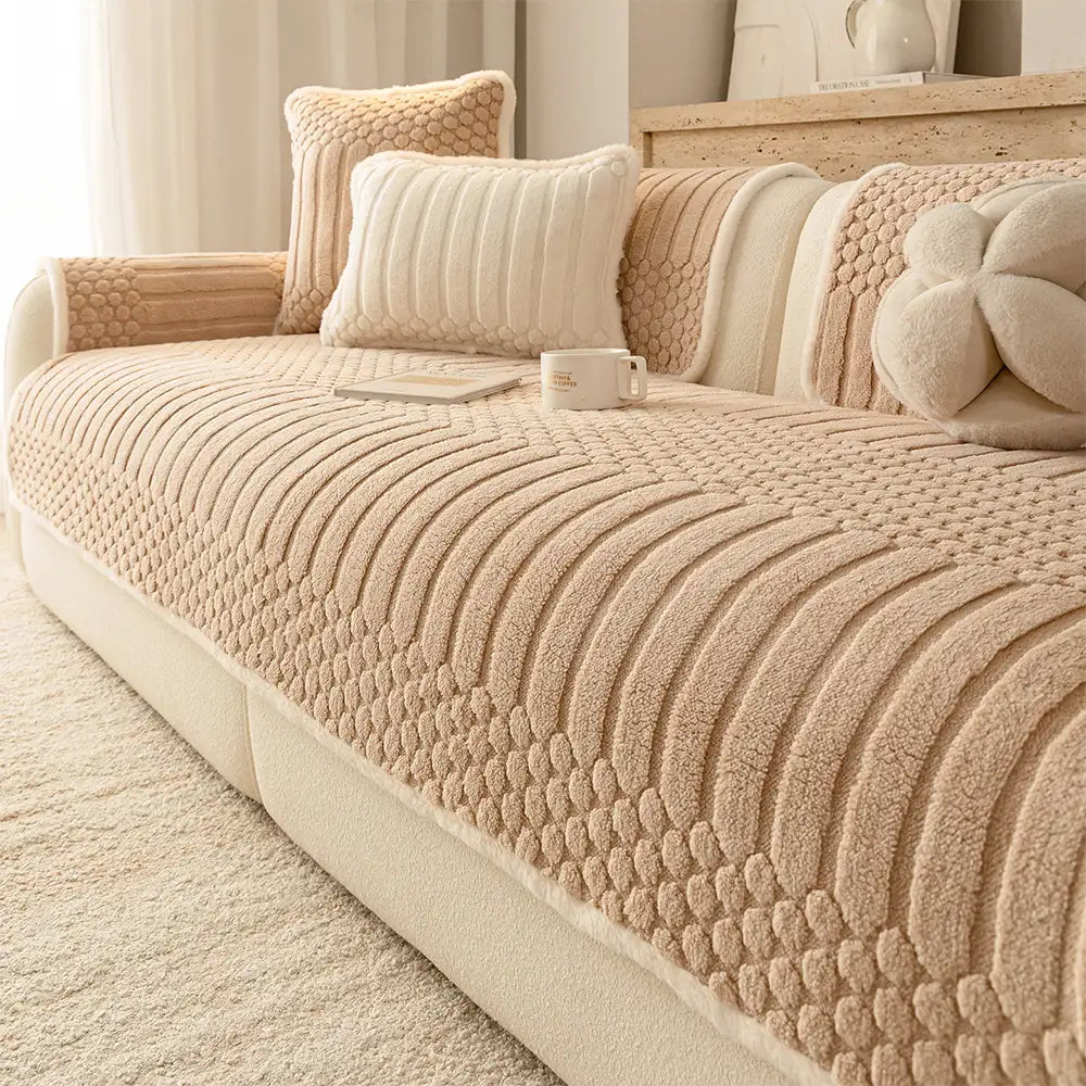 Striped & Bubble-Textured Plush Non-Slip Sofa Cover