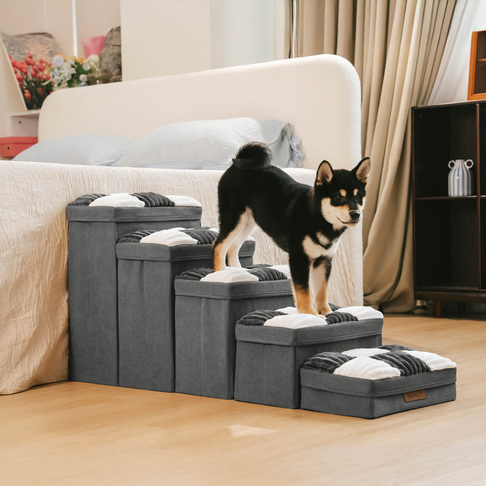 Detachable Chessboard Plaid Handcrafted Dog Steps with Storage - Foldable Steps