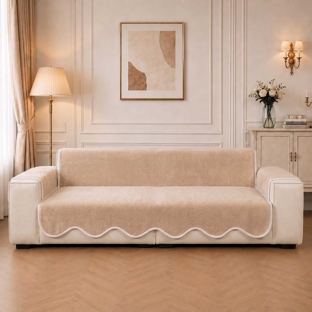 Waterproof Plush Velvet Contrast Wavy Edge Sofa Cover
