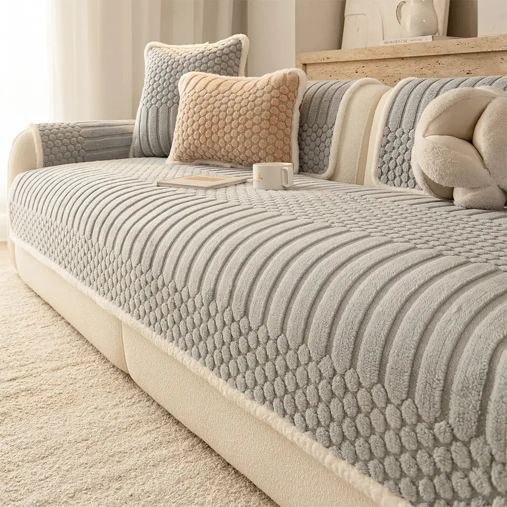 Striped & Bubble-Textured Plush Non-Slip Sofa Cover