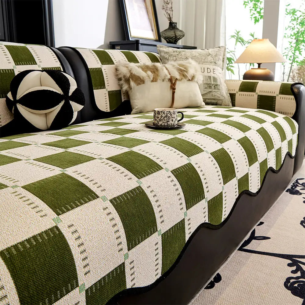 Color-Block Plaid Chenille Anti-Scratch Non-Slip Sofa Cover
