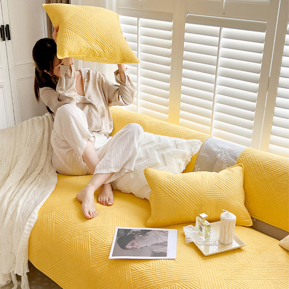 Minimalist All-Season Solid Cotton Geometric Quilted Anti-Slip Sofa Cover