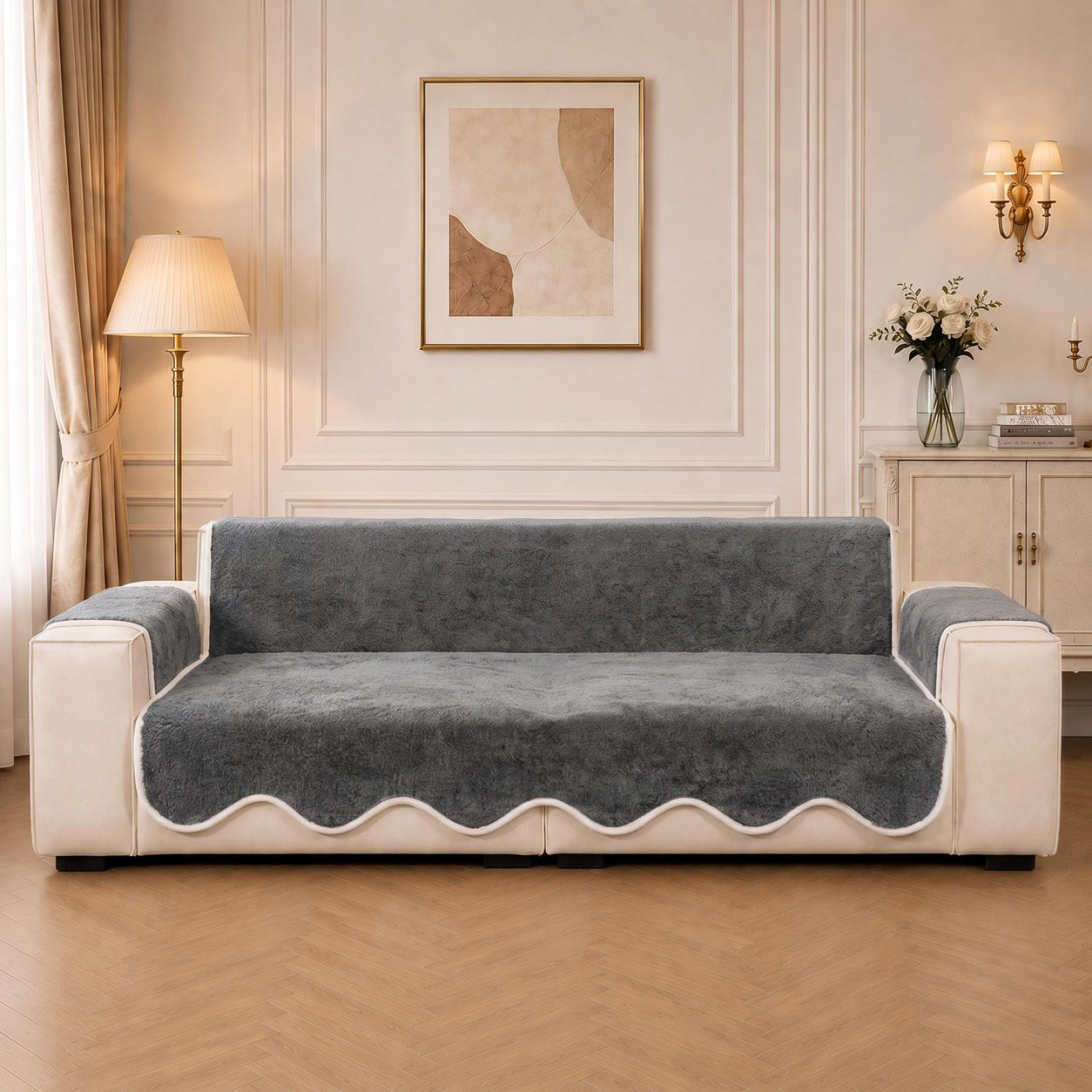 Waterproof Plush Velvet Contrast Wavy Edge Sofa Cover
