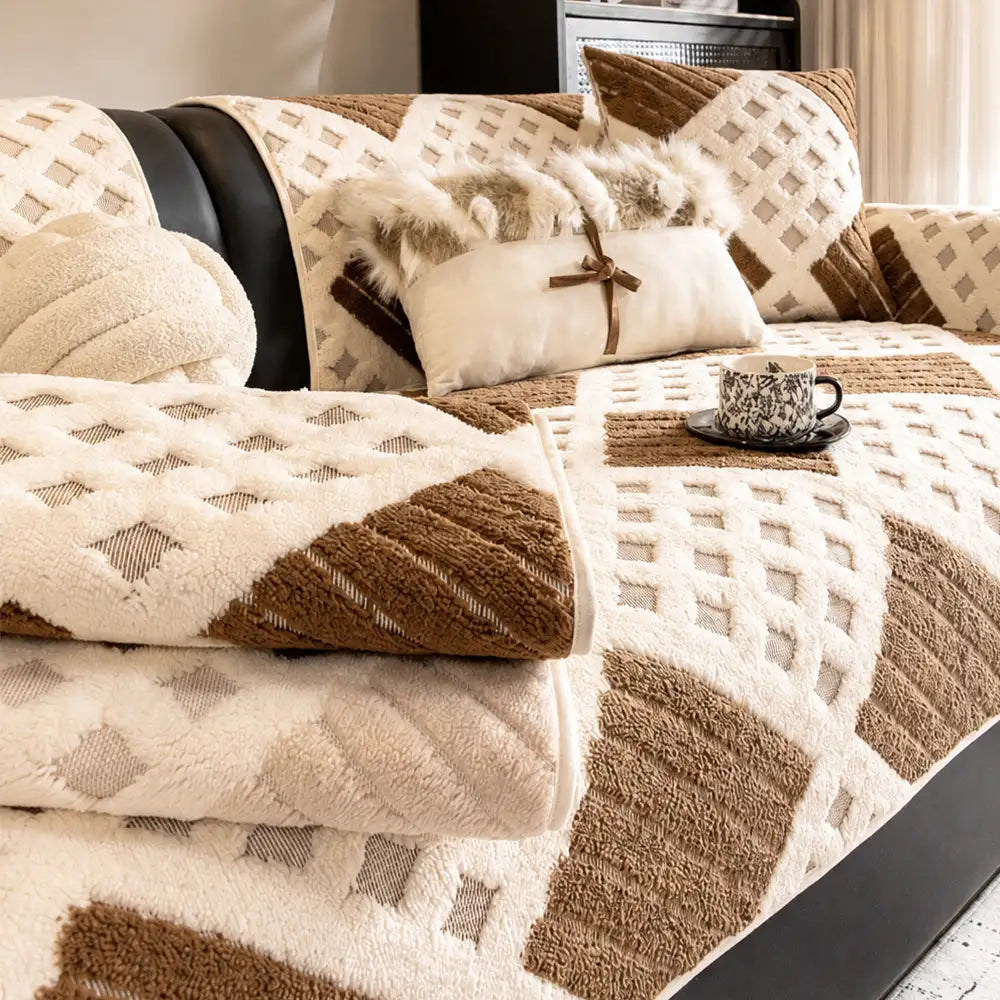 Thick Waffle-Textured Plush Non-Slip Sofa Cover