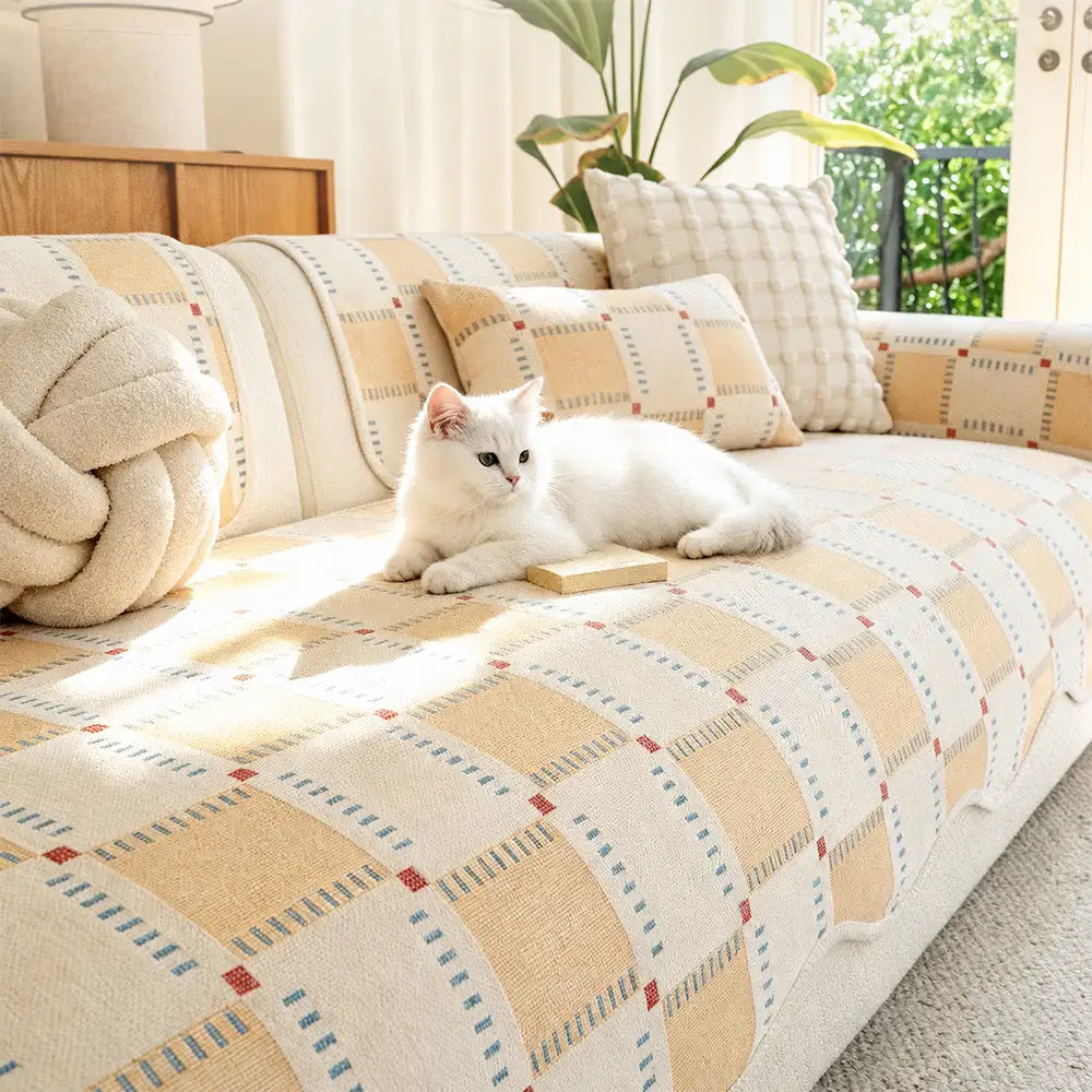 Color-Block Plaid Chenille Anti-Scratch Non-Slip Sofa Cover