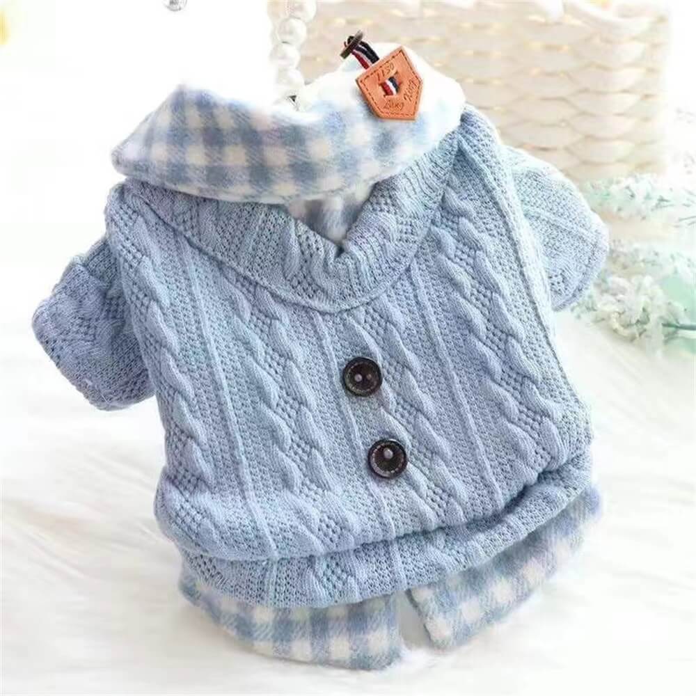 Cozy Knitted Dog Jumper Sweater with Plaid Collar – Available in Pink & Blue
