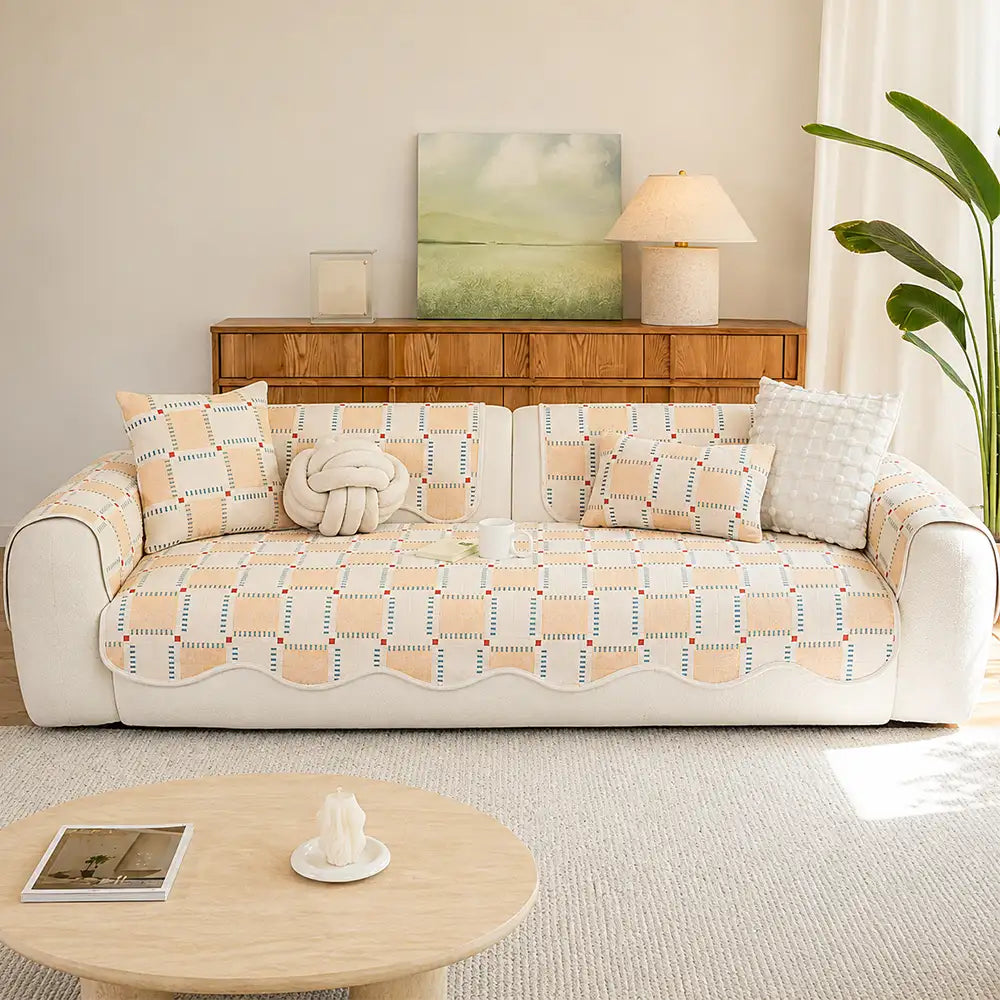 Color-Block Plaid Chenille Anti-Scratch Non-Slip Sofa Cover