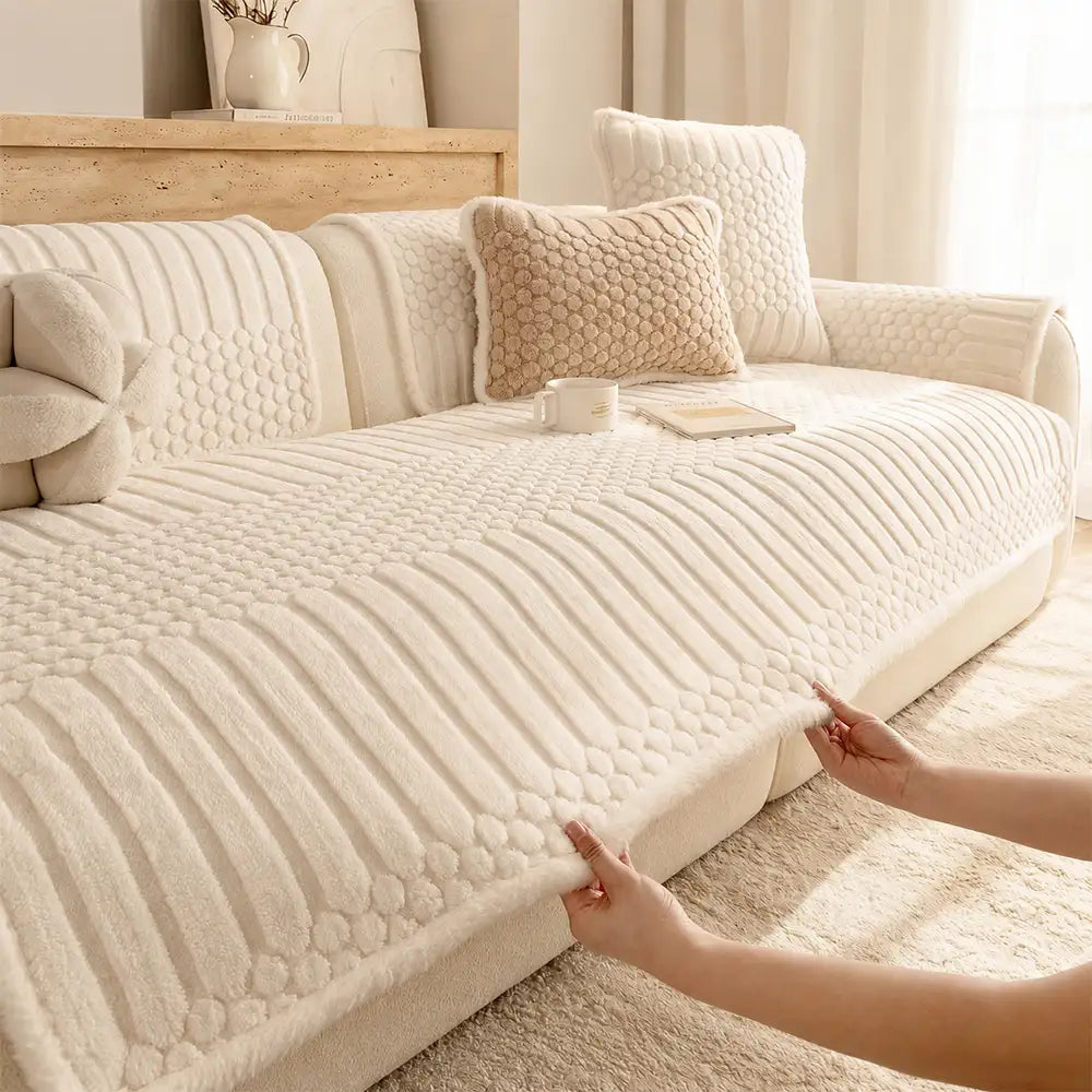 Striped & Bubble-Textured Plush Non-Slip Sofa Cover