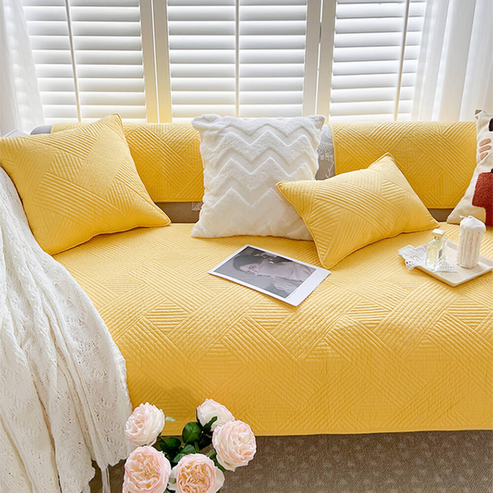 Minimalist All-Season Solid Cotton Geometric Quilted Anti-Slip Sofa Cover