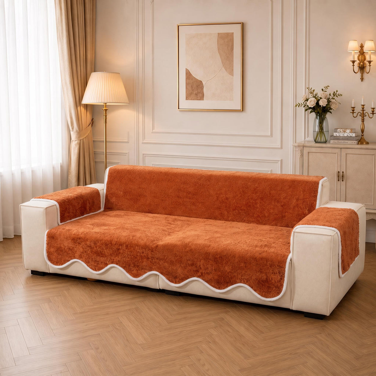 Waterproof Plush Velvet Contrast Wavy Edge Sofa Cover