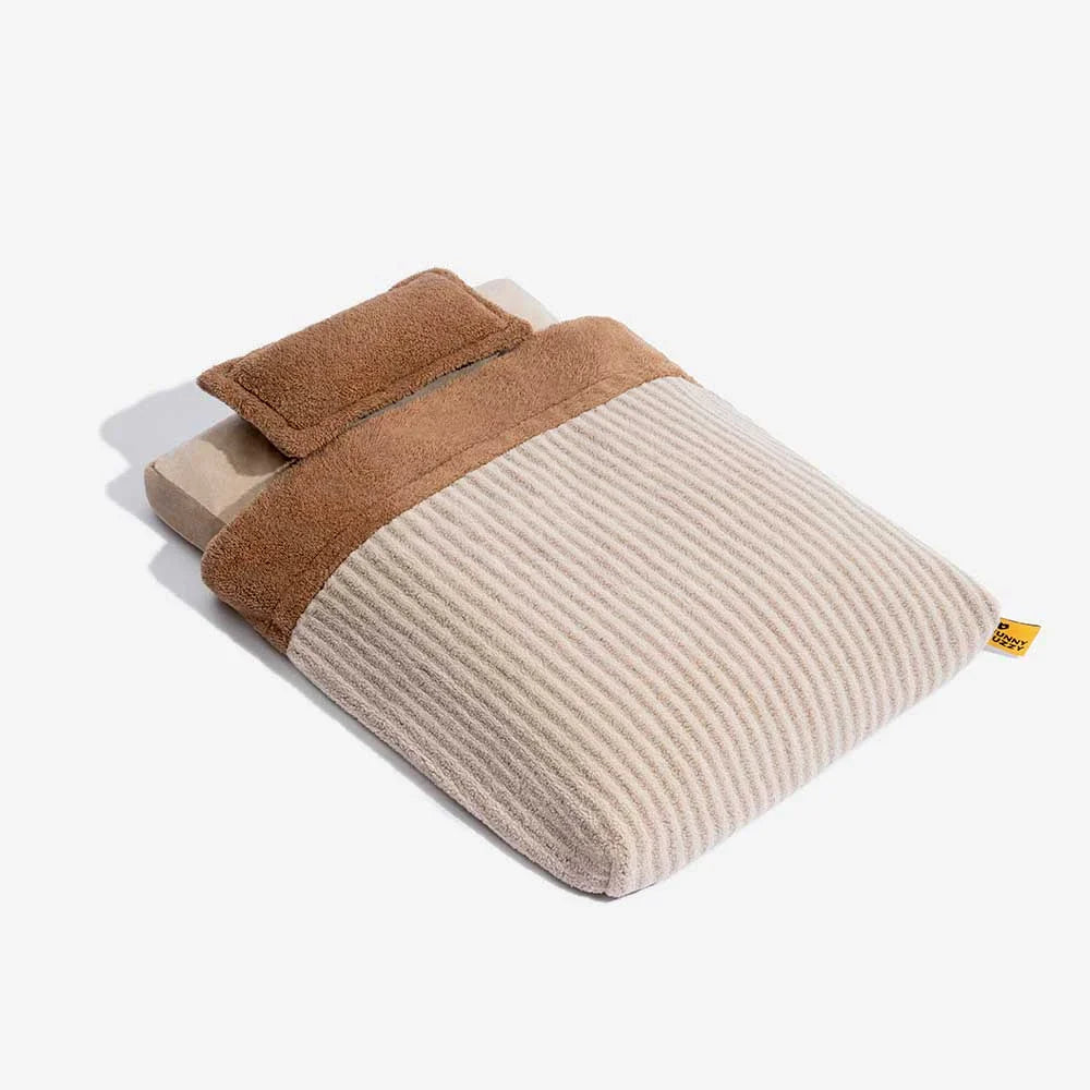 Plush Striped Cave Covered Orthopaedic Dog Bed With Pillow - FluffyWarm