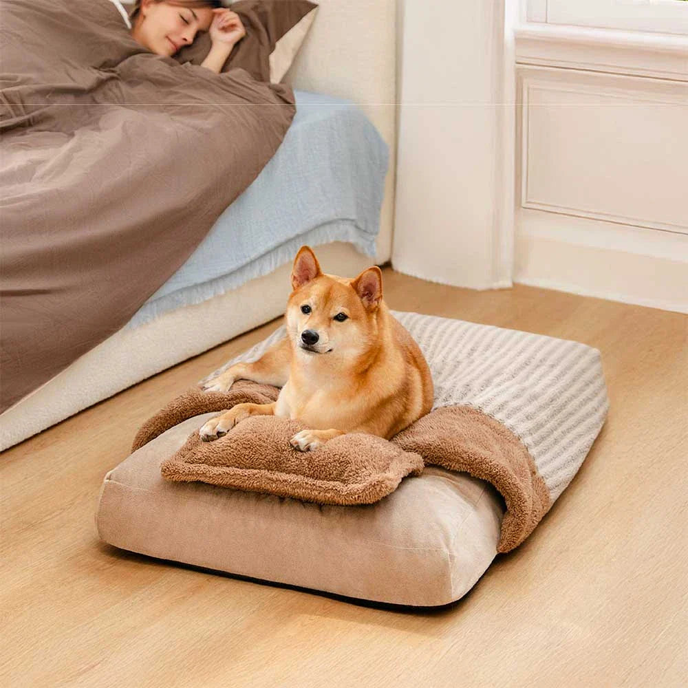 Plush Striped Cave Covered Orthopaedic Dog Bed With Pillow - FluffyWarm