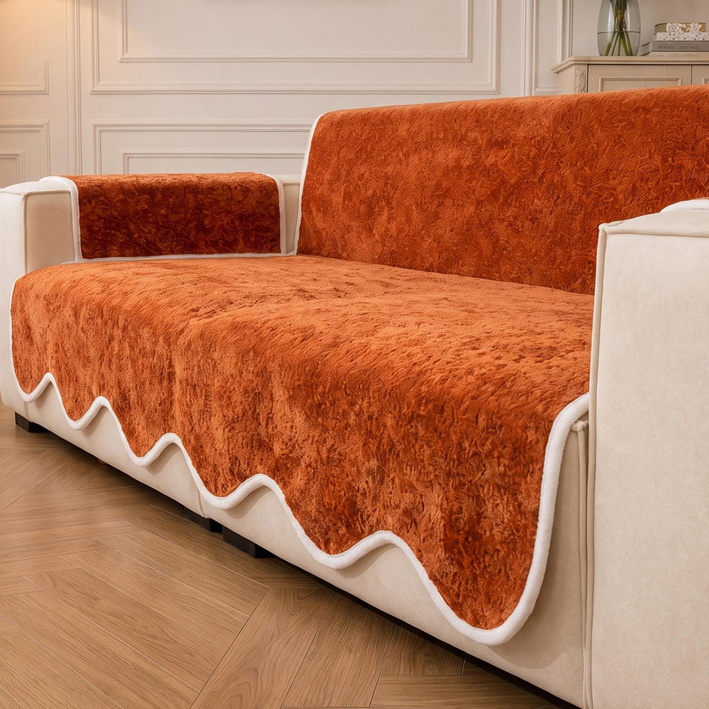 Waterproof Plush Velvet Contrast Wavy Edge Sofa Cover