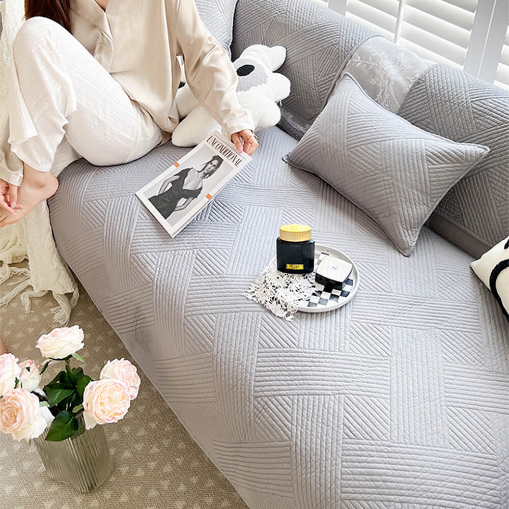 Minimalist All-Season Solid Cotton Geometric Quilted Anti-Slip Sofa Cover