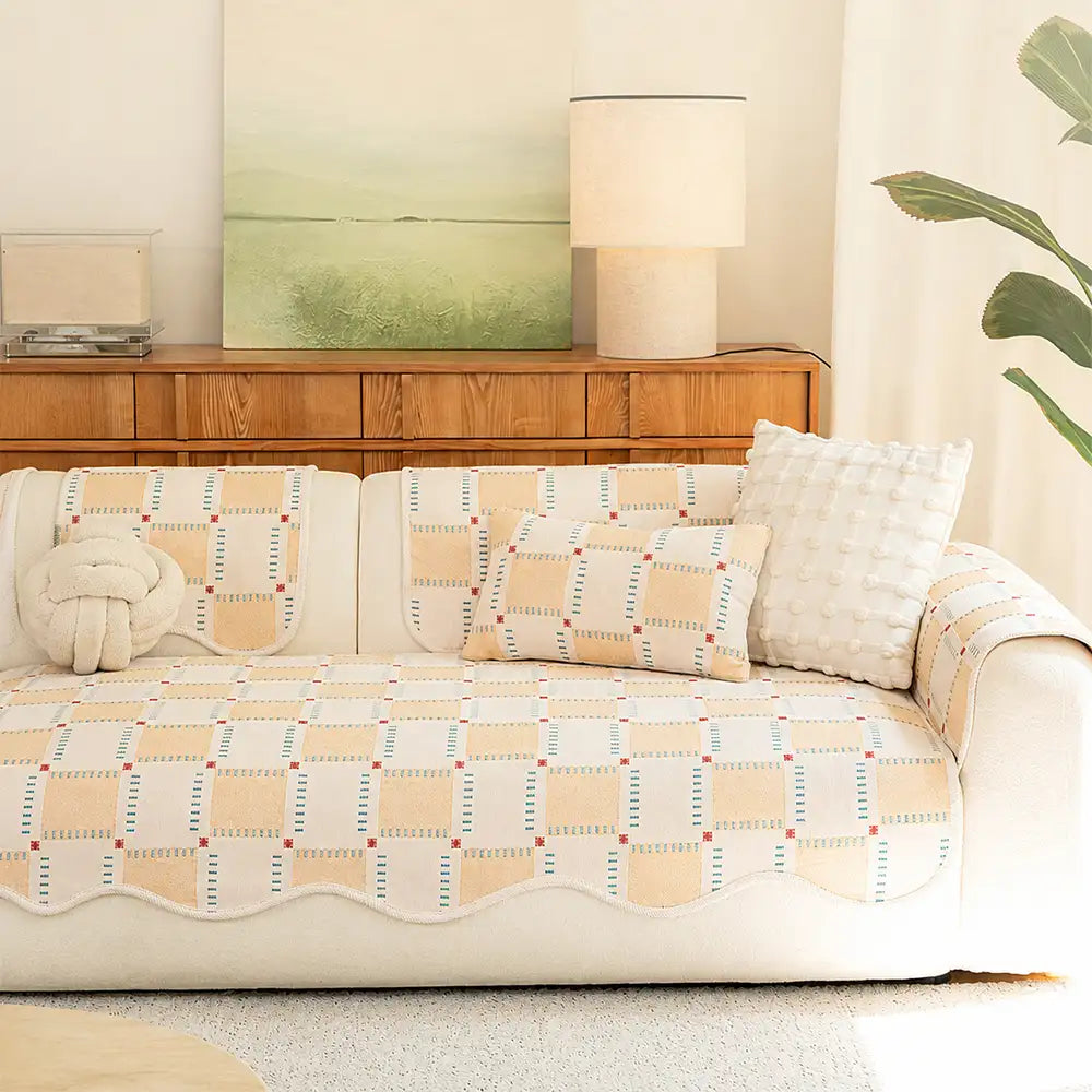Color-Block Plaid Chenille Anti-Scratch Non-Slip Sofa Cover