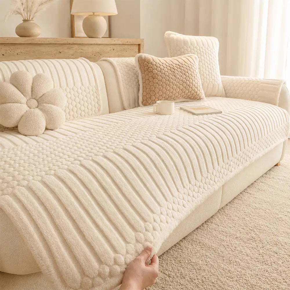 Striped & Bubble-Textured Plush Non-Slip Sofa Cover