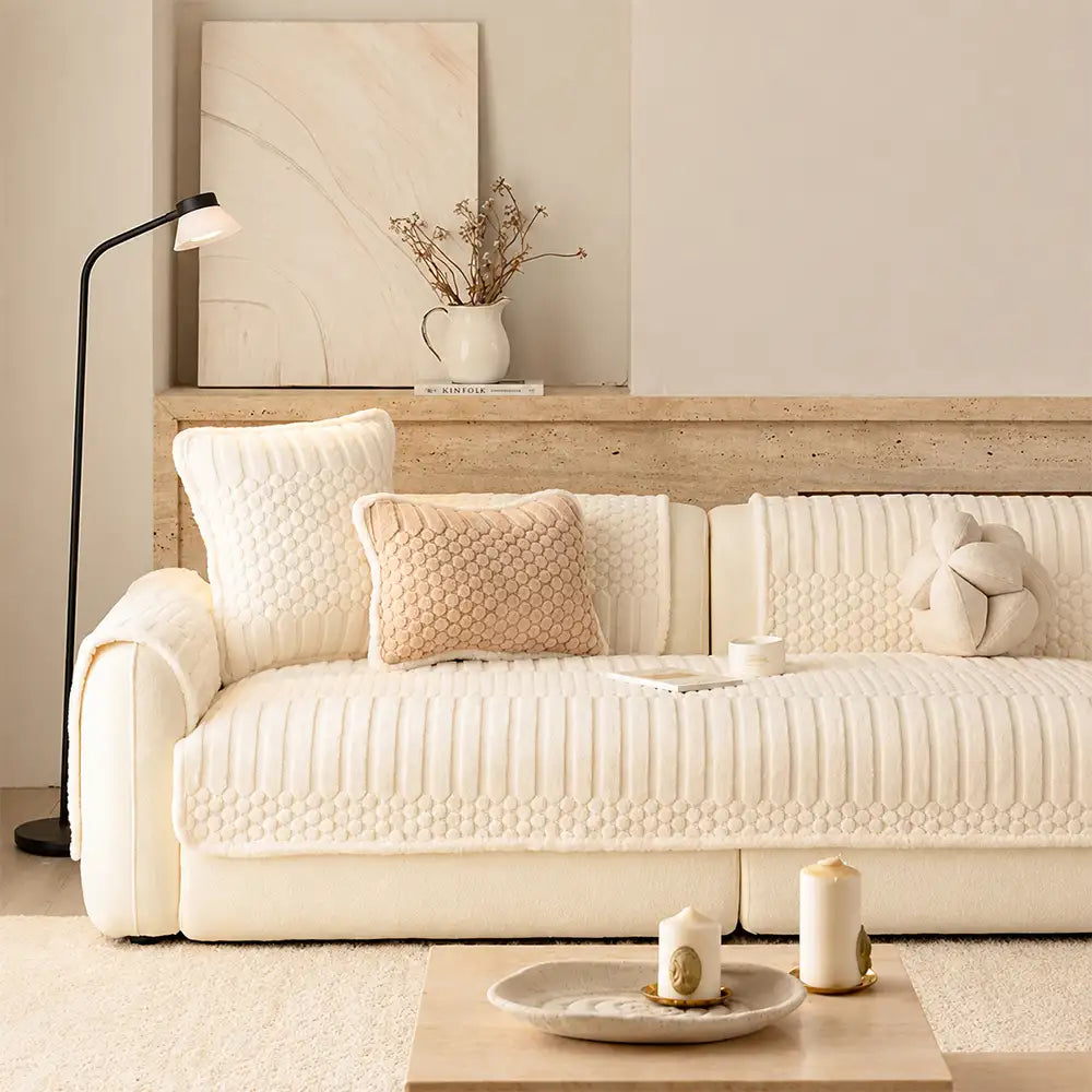 Striped & Bubble-Textured Plush Non-Slip Sofa Cover