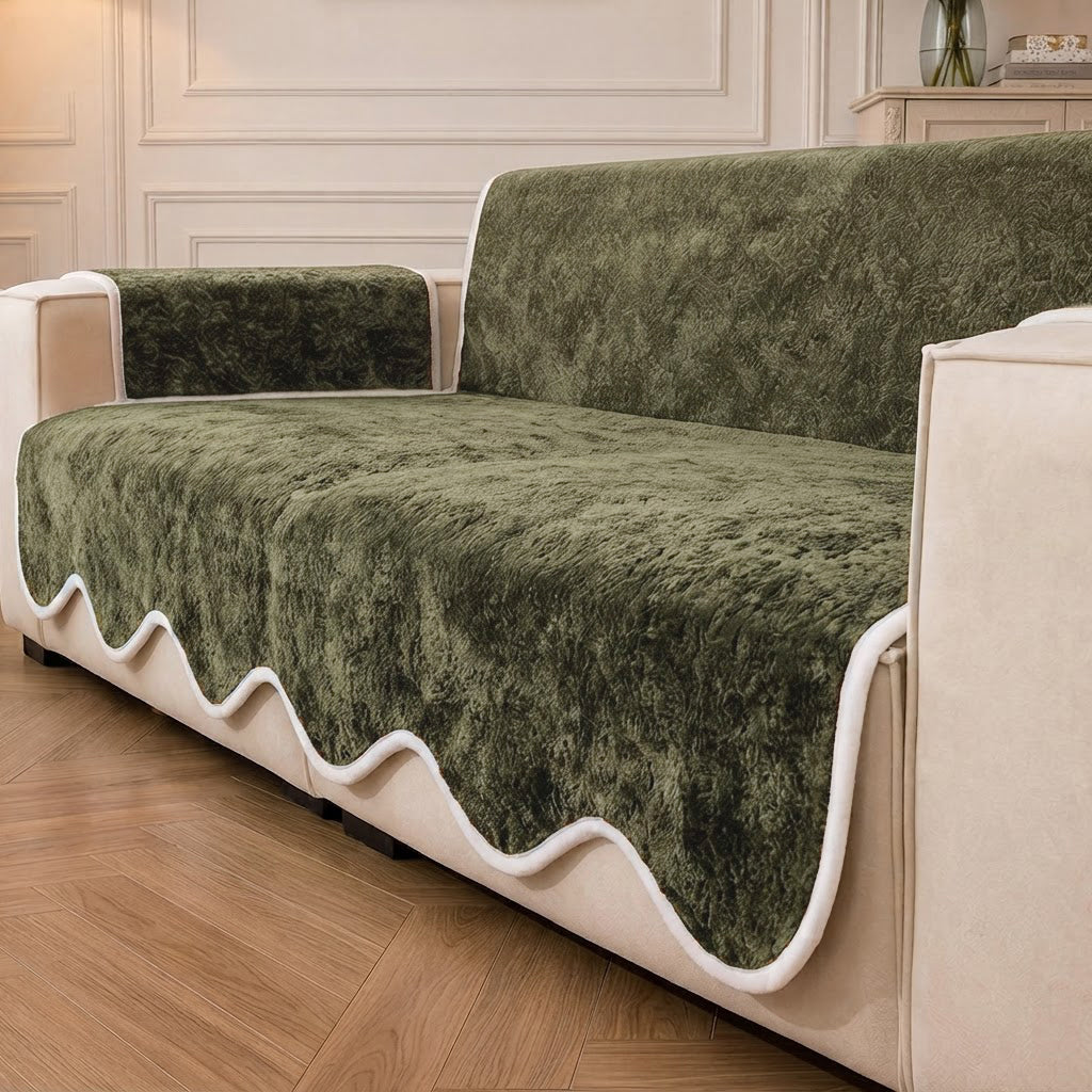 Waterproof Plush Velvet Contrast Wavy Edge Sofa Cover