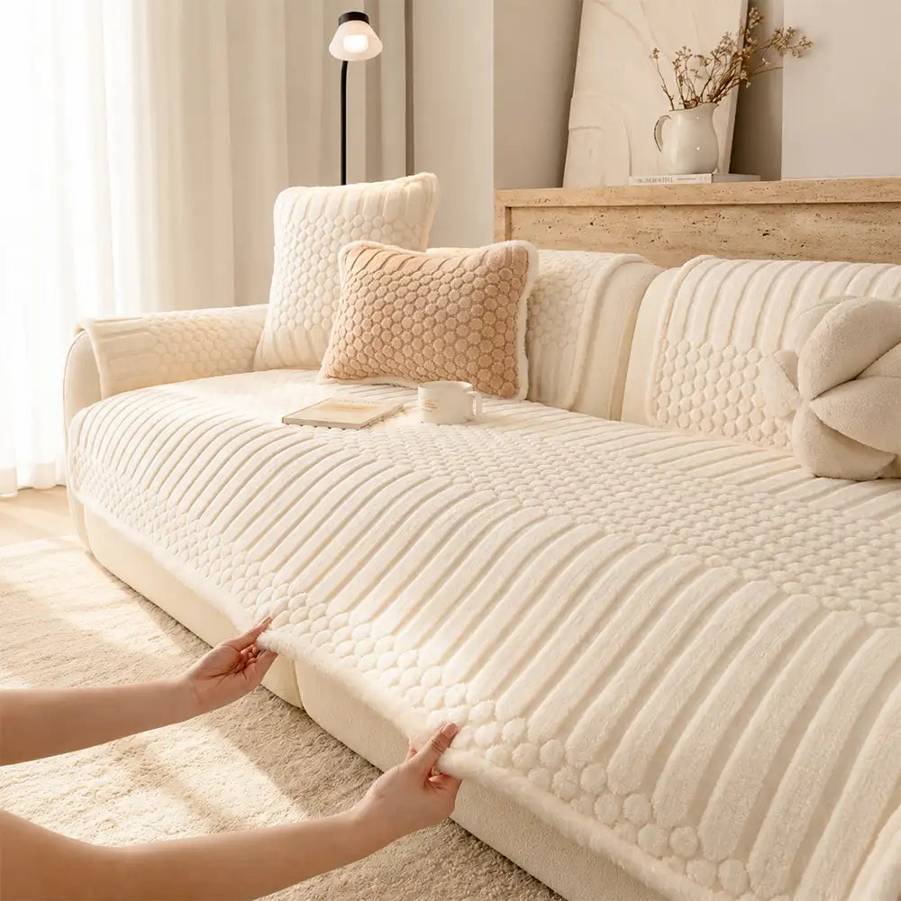 Striped & Bubble-Textured Plush Non-Slip Sofa Cover