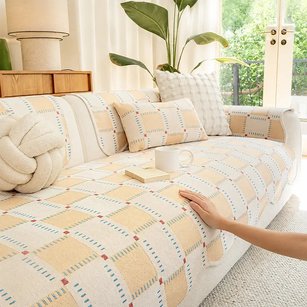 Color-Block Plaid Chenille Anti-Scratch Non-Slip Sofa Cover