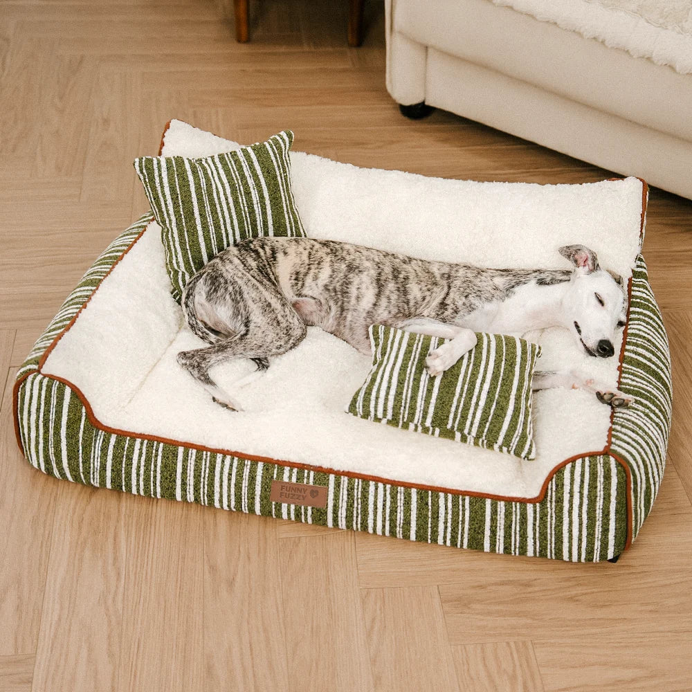 Plush Warm Stripe Orthopaedic Dog & Cat Sofa Bed With Pillows - Grove Couch