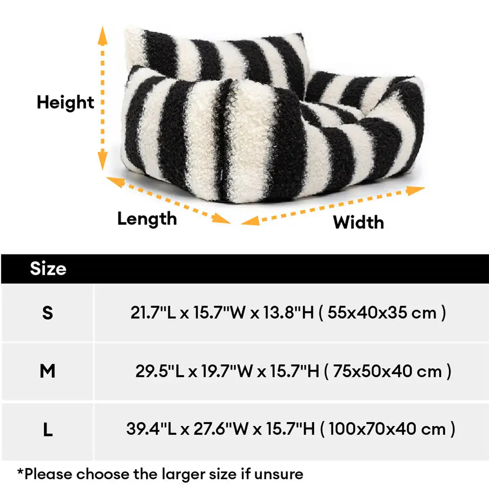Black & White Stripe Faux Lambs Wool Soft Dog & Cat Sofa Bed - Winter Piano Keys