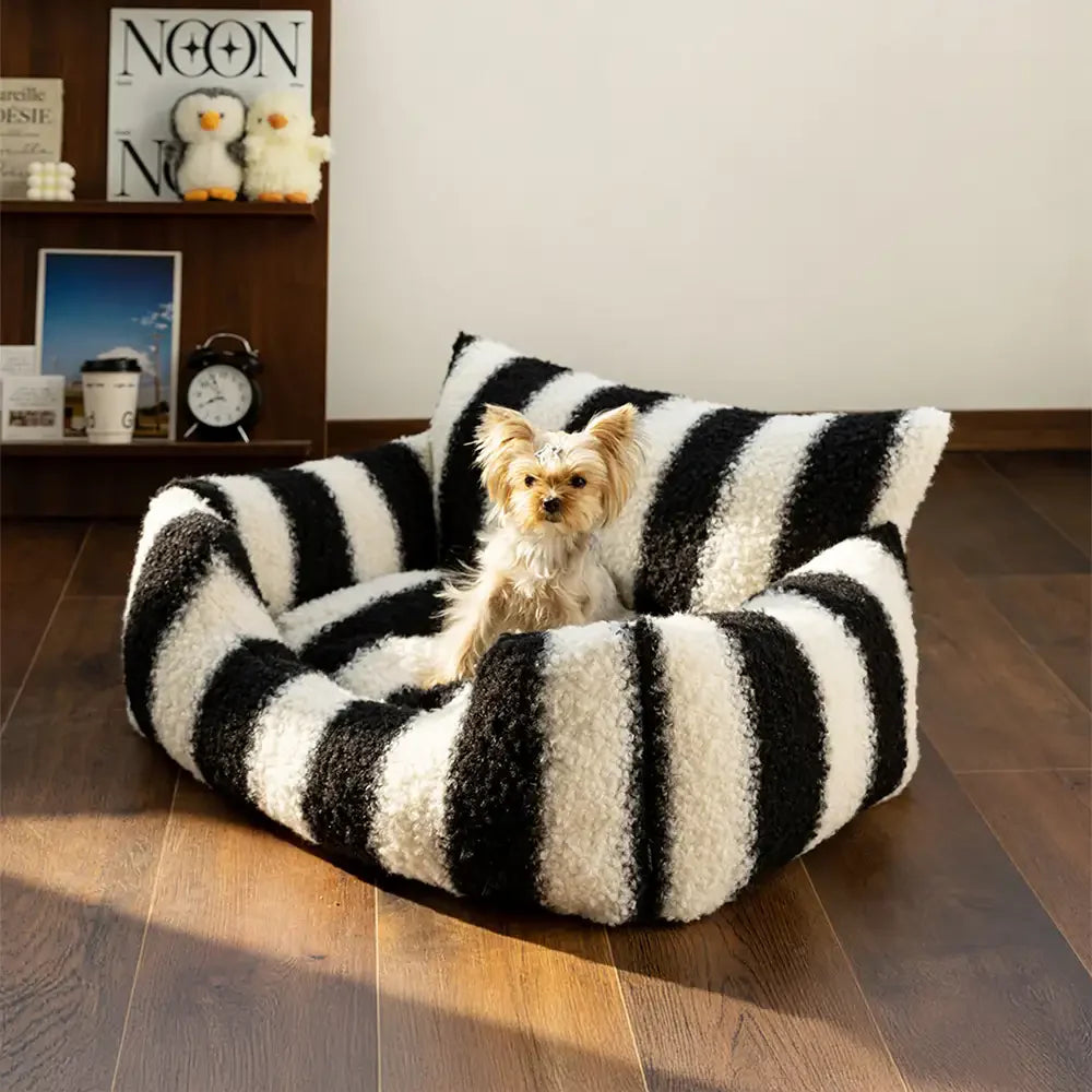 Black & White Stripe Faux Lambs Wool Soft Dog & Cat Sofa Bed - Winter Piano Keys