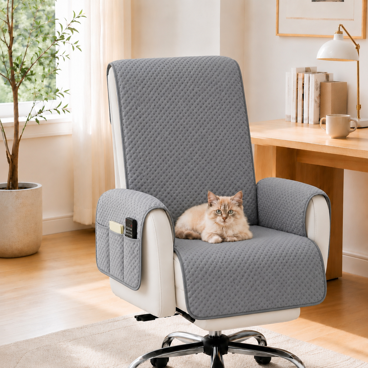Water-Repellent One-Piece Non-Slip Office Chair Protector & Couch Cover with Elastic Straps