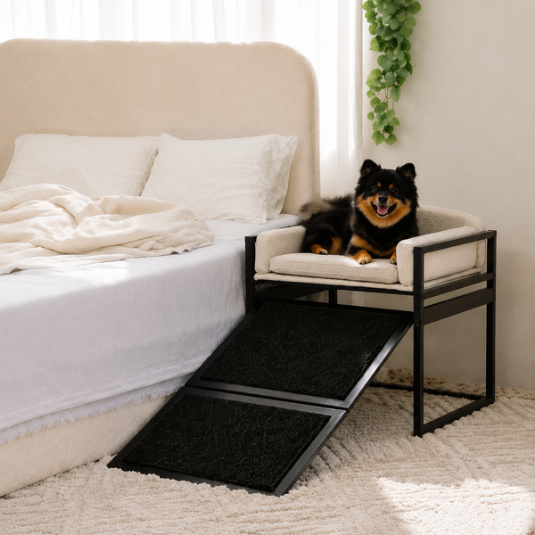 Elevated Pet Sofa Bed with Stairs Ramp for Bedside Lounge or Dog Window Perch - Pet-Friendly Bedroom