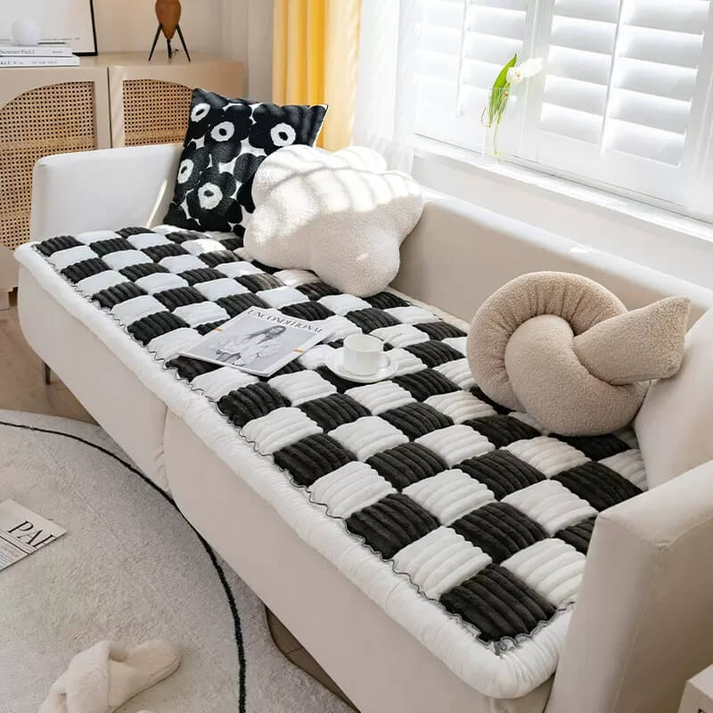 Cream-Coloured Large Plaid Square Pet Carpet Bed Sofa Cover
