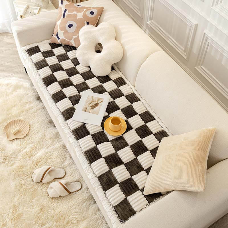 Cream-colored Large Plaid Square Fuzzy Pet Dog Mat Bed Corner Couch Cover