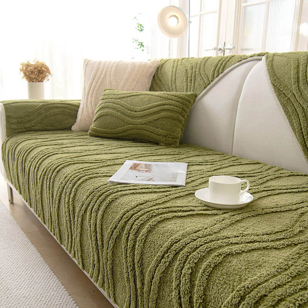Elegant Grey Textured Non-Slip Thick Plush Sofa Cover