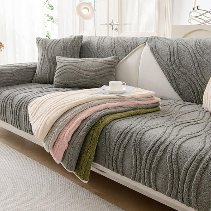 Elegant Grey Textured Non-Slip Thick Plush Sofa Cover