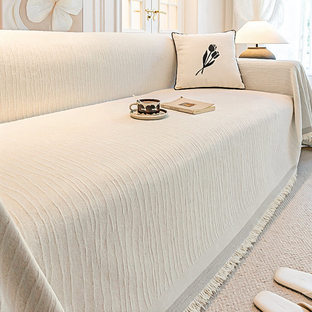 Cream Chenille Textured Pet-Friendly Anti-Scratch Throw Sofa Cover