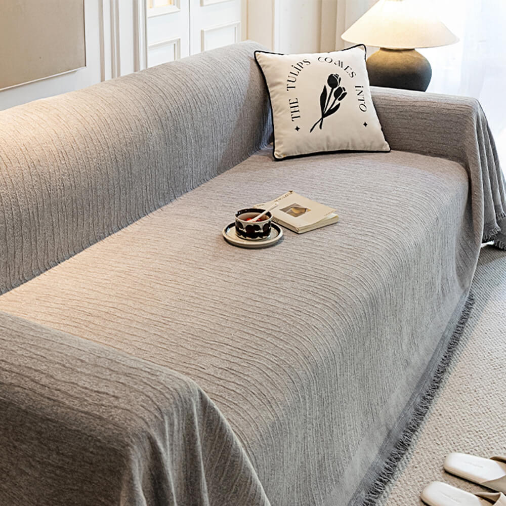 Cream Chenille Textured Pet-Friendly Anti-Scratch Throw Sofa Cover