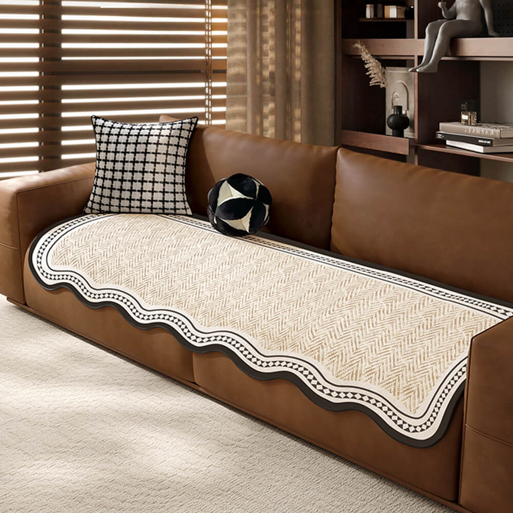 Durable Herringbone Pattern Anti-Slip Sofa Cover with Wavy Trim – Pet Scratch Resistant