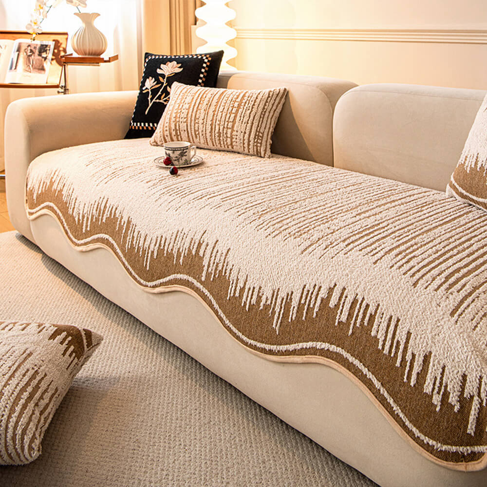 Modern Abstract Lines Plush Sofa Cover with Wavy Edges
