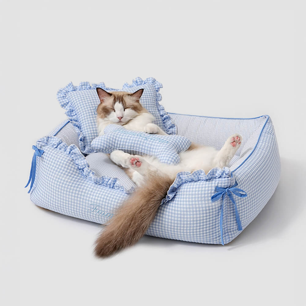 Soft Gingham Washable Dog & Cat Sofa Bed with Pillows