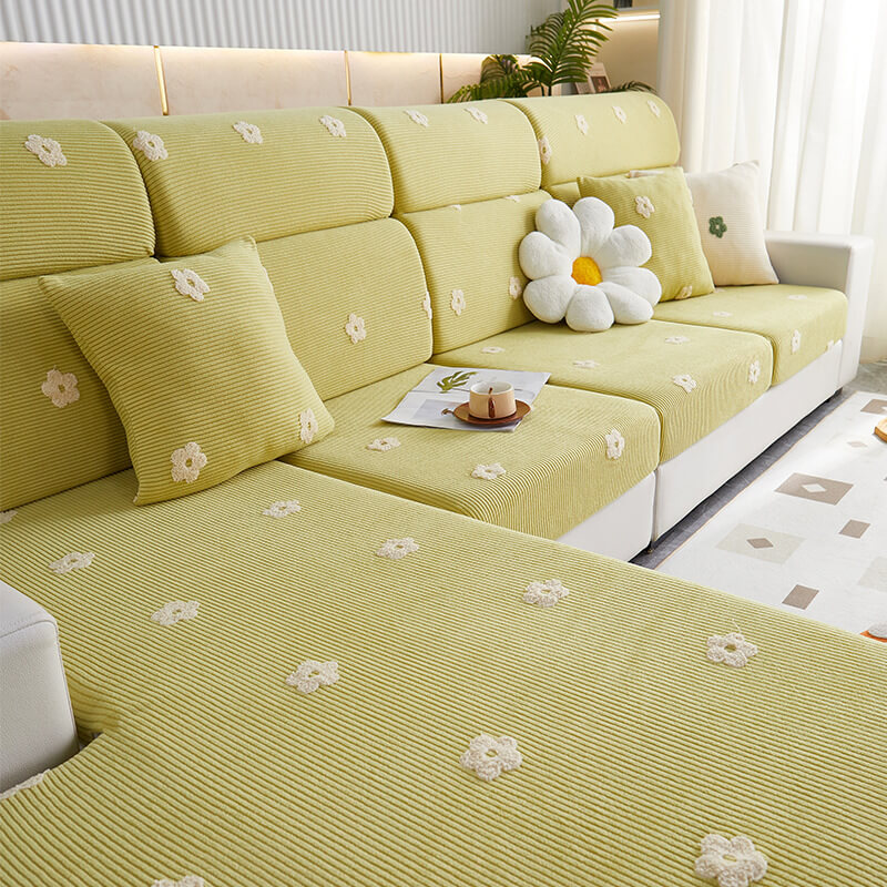 Floral Embroidered Fleece Sofa Anti-Scratch Stretch Sofa Cover