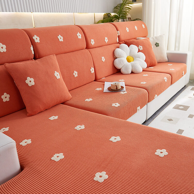 Floral Embroidered Fleece Sofa Anti-Scratch Stretch Sofa Cover