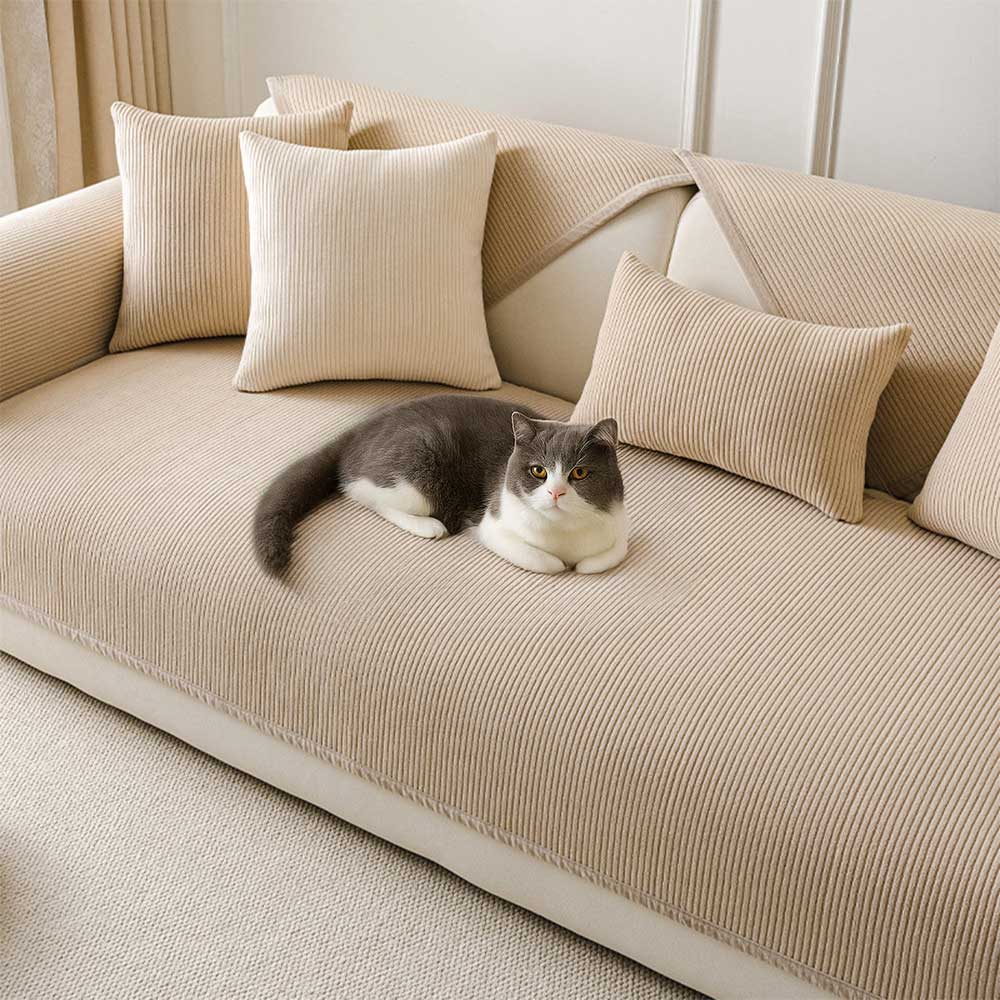 Modern Cream Vertical Stripes Fleece Sofa Cover for All Seasons