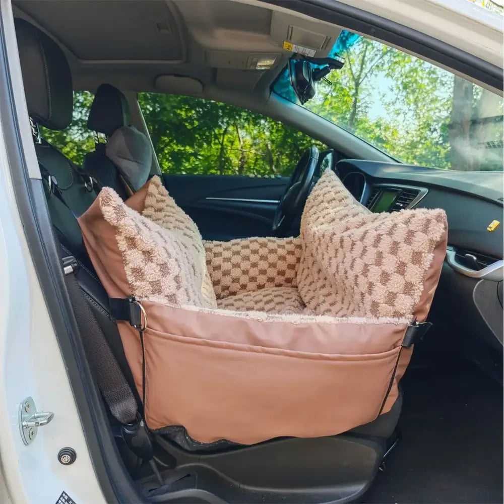 Chequerboard Faux Leather Safety Centre Console Pet Car Seat and Carrier 2-in-1