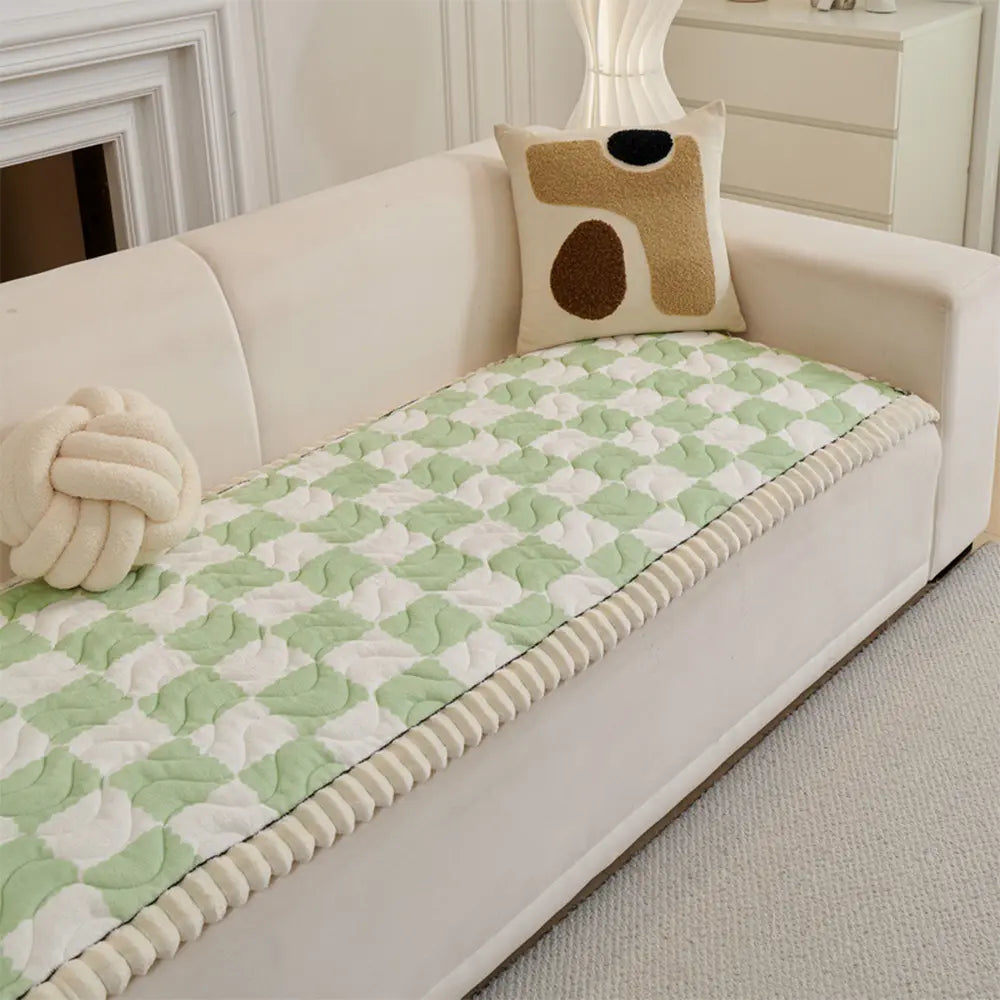 Chequered Velvet Sofa Pad Anti-Slip Quilted Sofa Cover