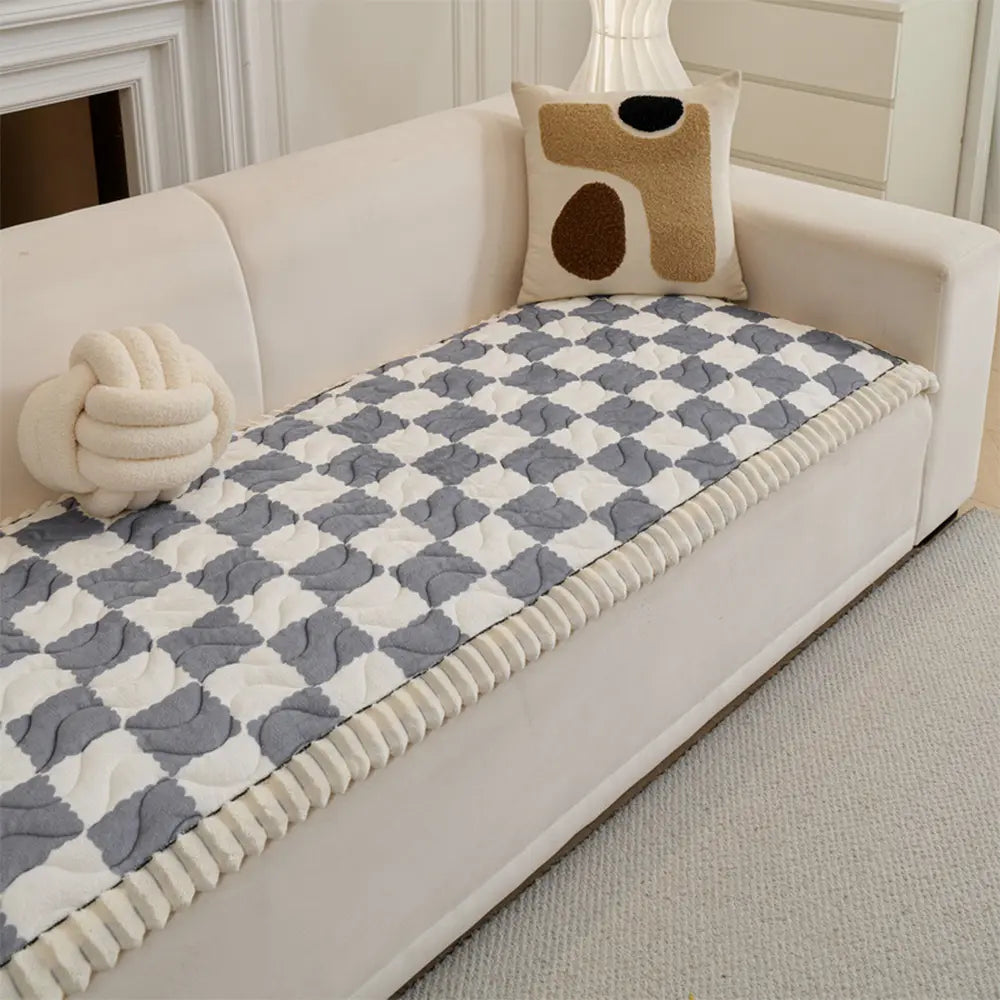 Chequered Velvet Sofa Pad Anti-Slip Quilted Sofa Cover