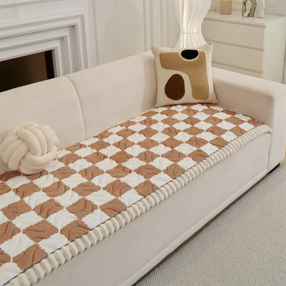 Chequered Velvet Sofa Pad Anti-Slip Quilted Sofa Cover