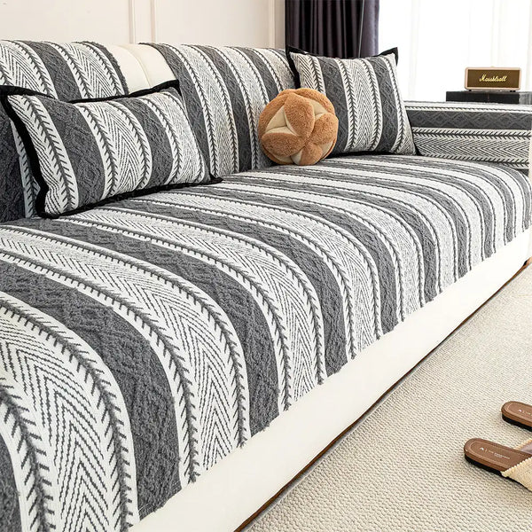 Color-Blocked Striped Chenille Non-Slip Sofa Cover - Suitable For All Seasons