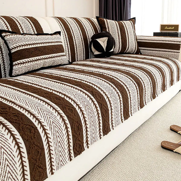 Color-Blocked Striped Chenille Non-Slip Sofa Cover - Suitable For All Seasons