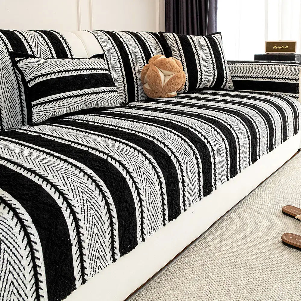 Color-Blocked Striped Chenille Non-Slip Sofa Cover - Suitable For All Seasons