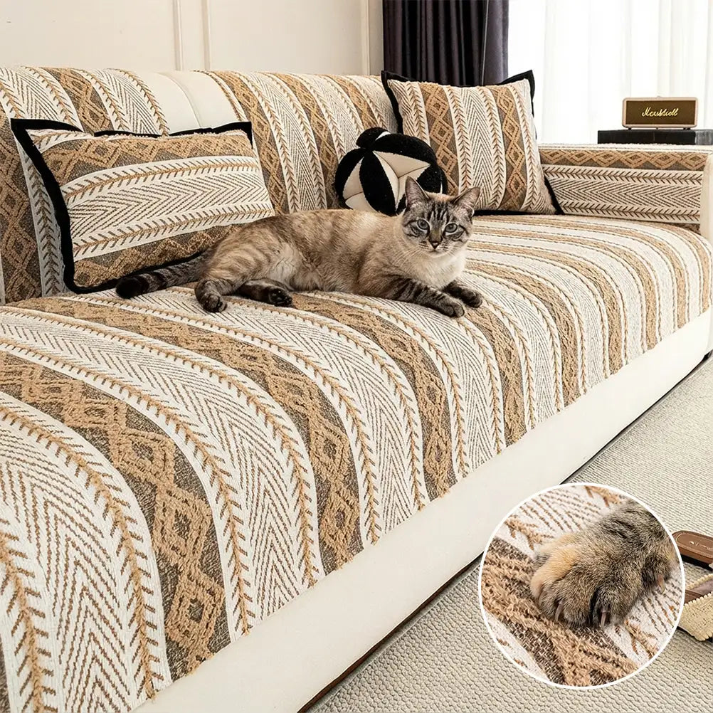 Color-Blocked Striped Chenille Non-Slip Sofa Cover - Suitable For All Seasons