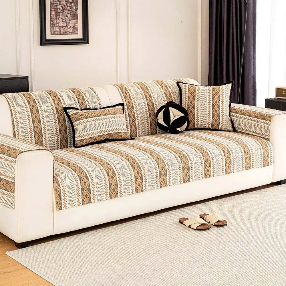 Color-Blocked Striped Chenille Non-Slip Sofa Cover - Suitable For All Seasons